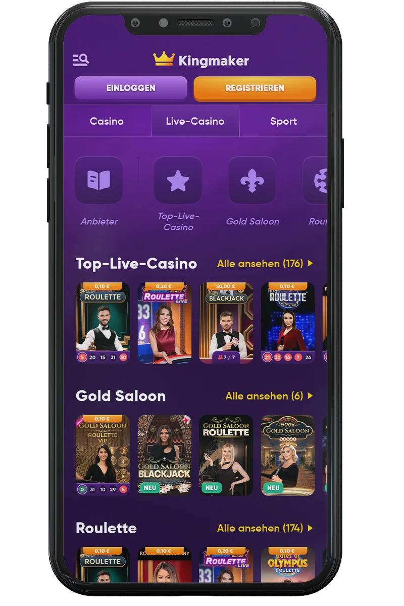 Screenshot eines Online-Casinos auf einem Mobiltelefon